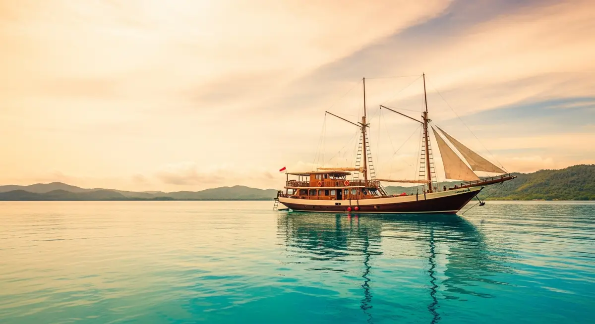 Traditional Indonesian phinisi liveaboard anchored near Komodo National Park